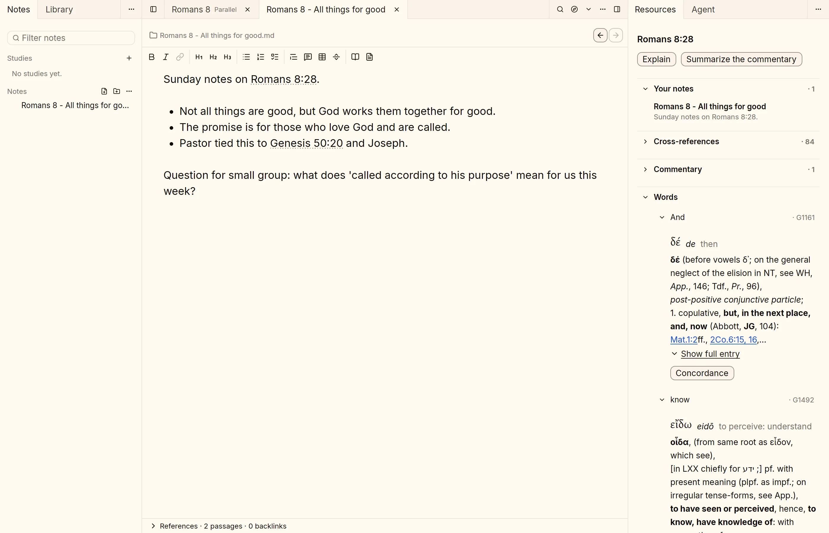 A note on Romans 8:28 open in Sermon Platform Bible, listed under Your notes beside the passage.