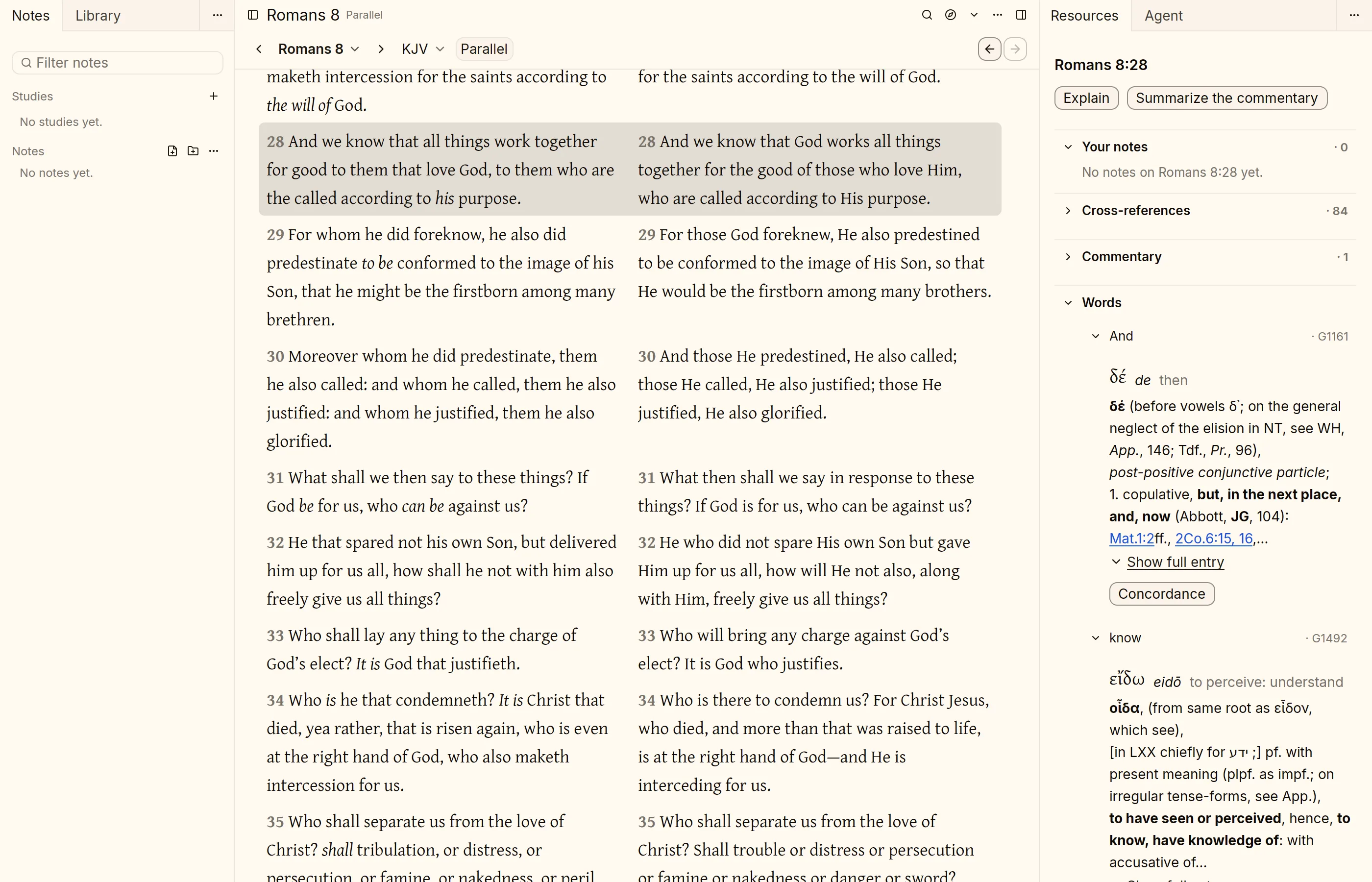 Romans 8 in the KJV and the BSB side by side, with the Greek word study open in the Words panel.