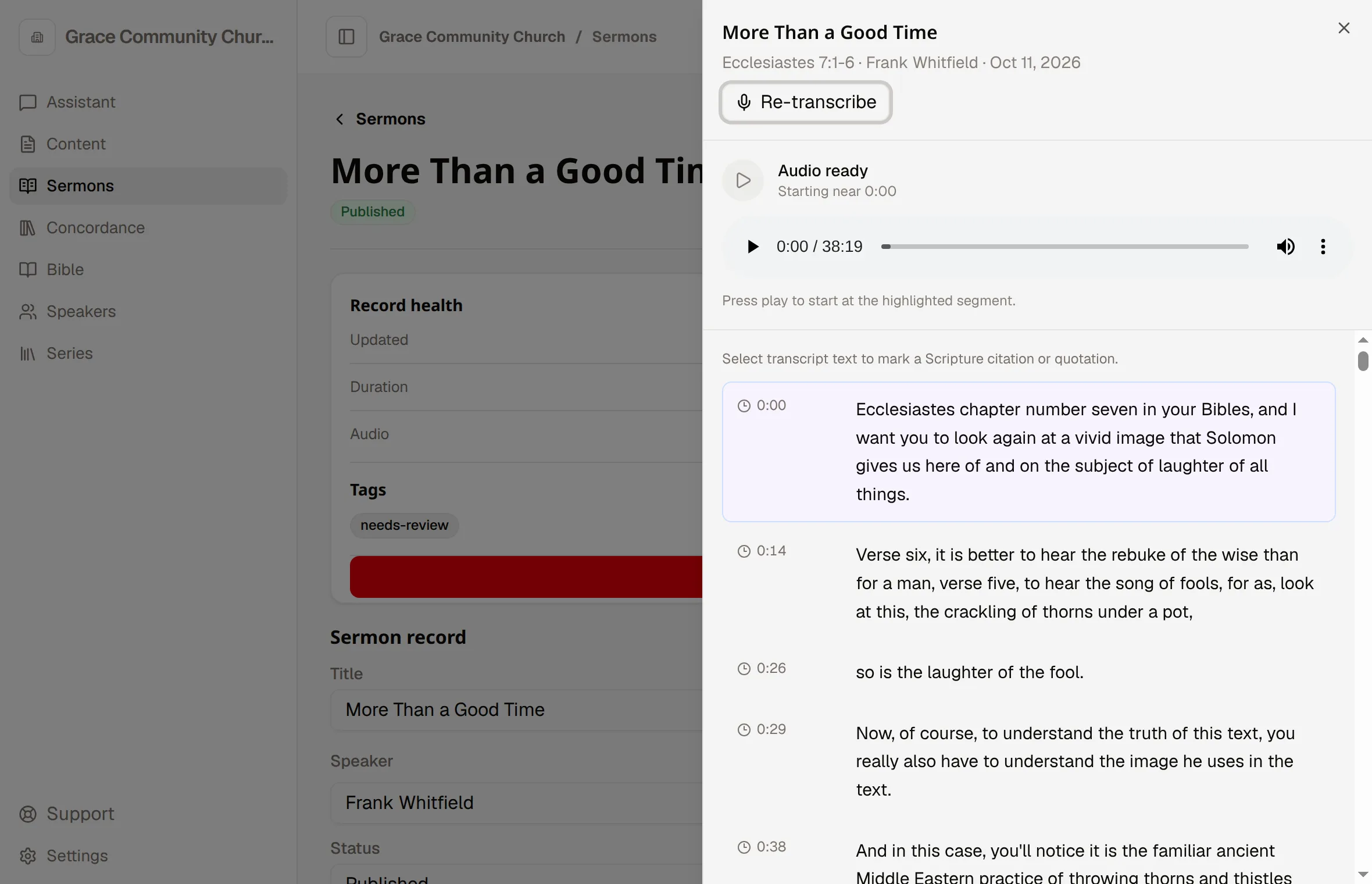 A sermon transcript in Sermon Platform, each line stamped with its time in the audio.