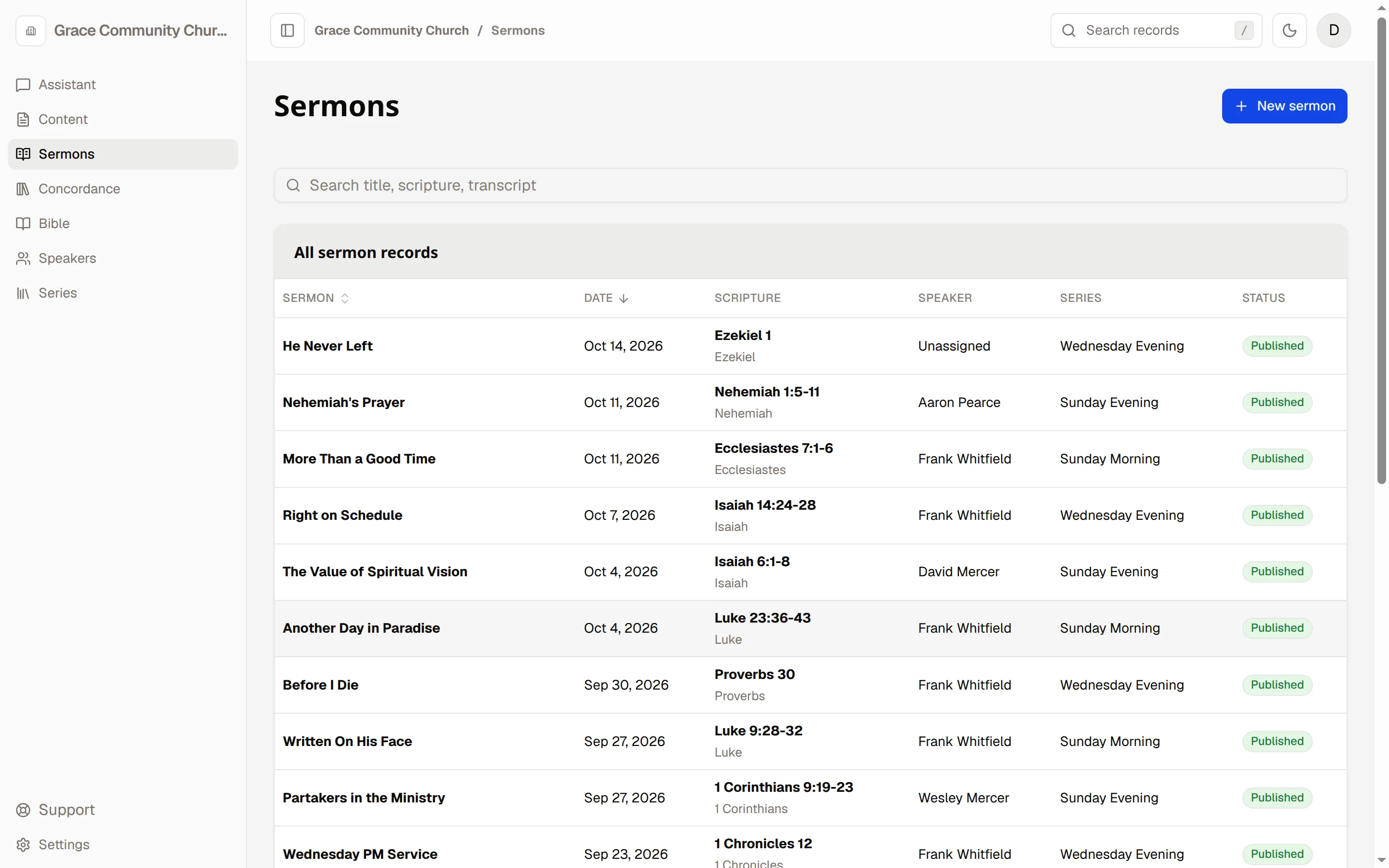 The Sermons list in Sermon Platform: title, date, scripture, speaker, series and status for each sermon.