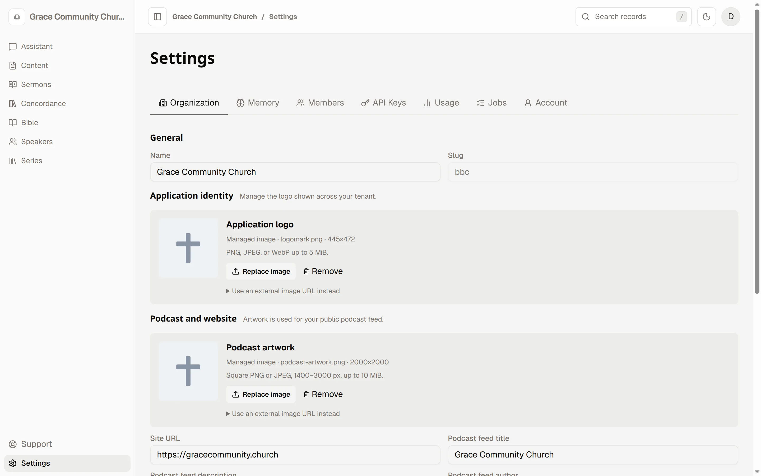 Church settings in Sermon Platform: logo, podcast artwork and website address.