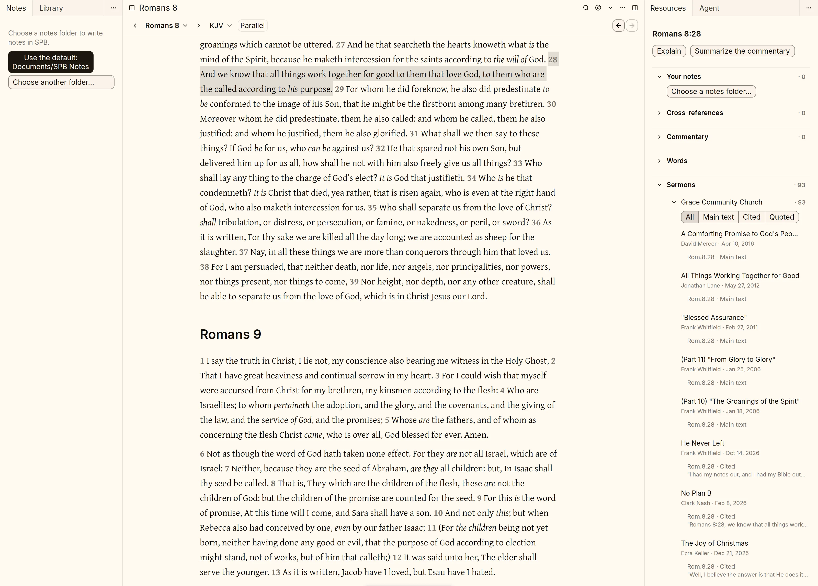 Romans 8 in Sermon Platform Bible, with a Sermons panel listing 93 sermons on verse 28 and the excerpt from each.