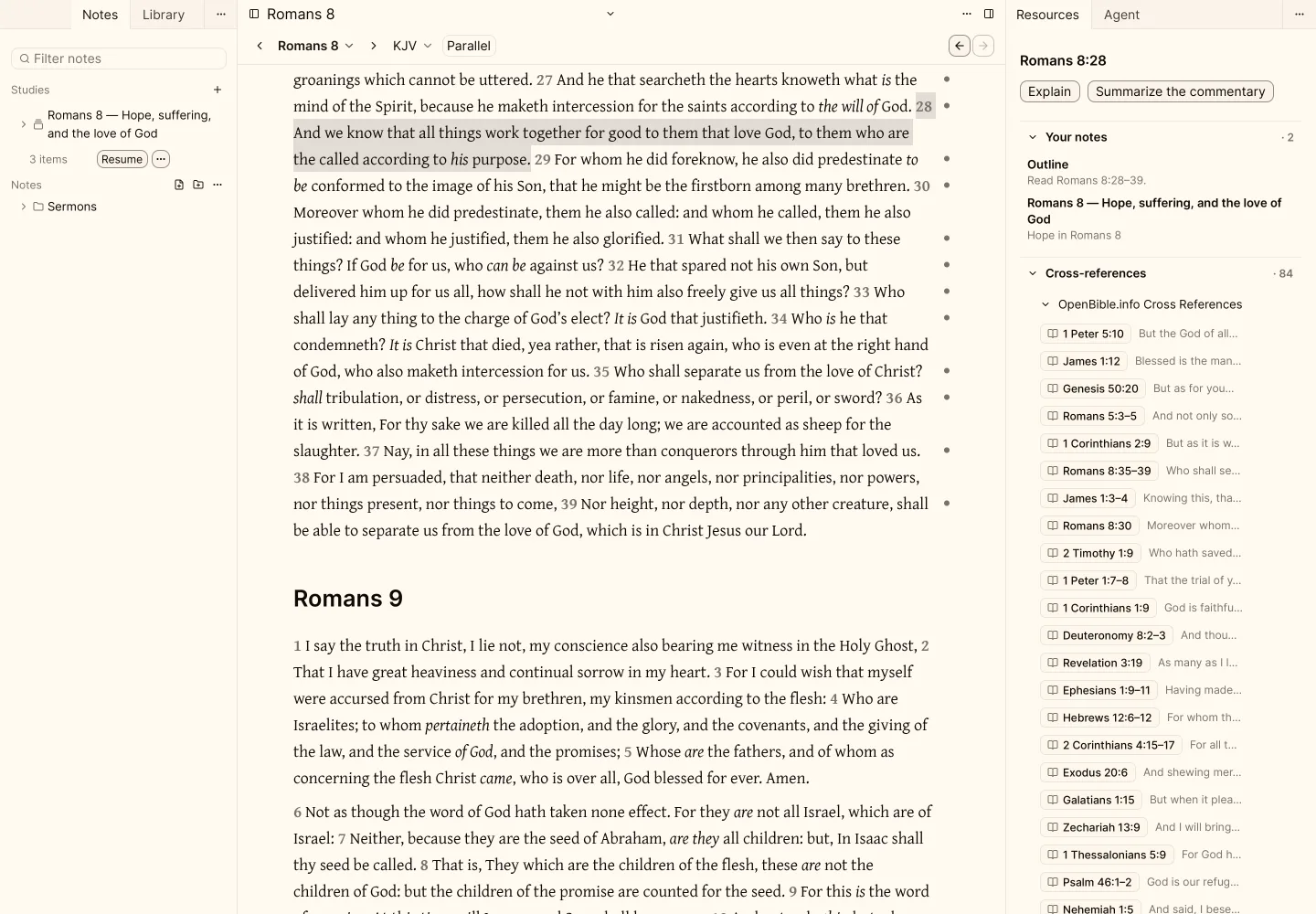Sermon Platform Bible: notes on the left, Romans 8 in the middle, and cross-references, commentary and sermons on the right.
